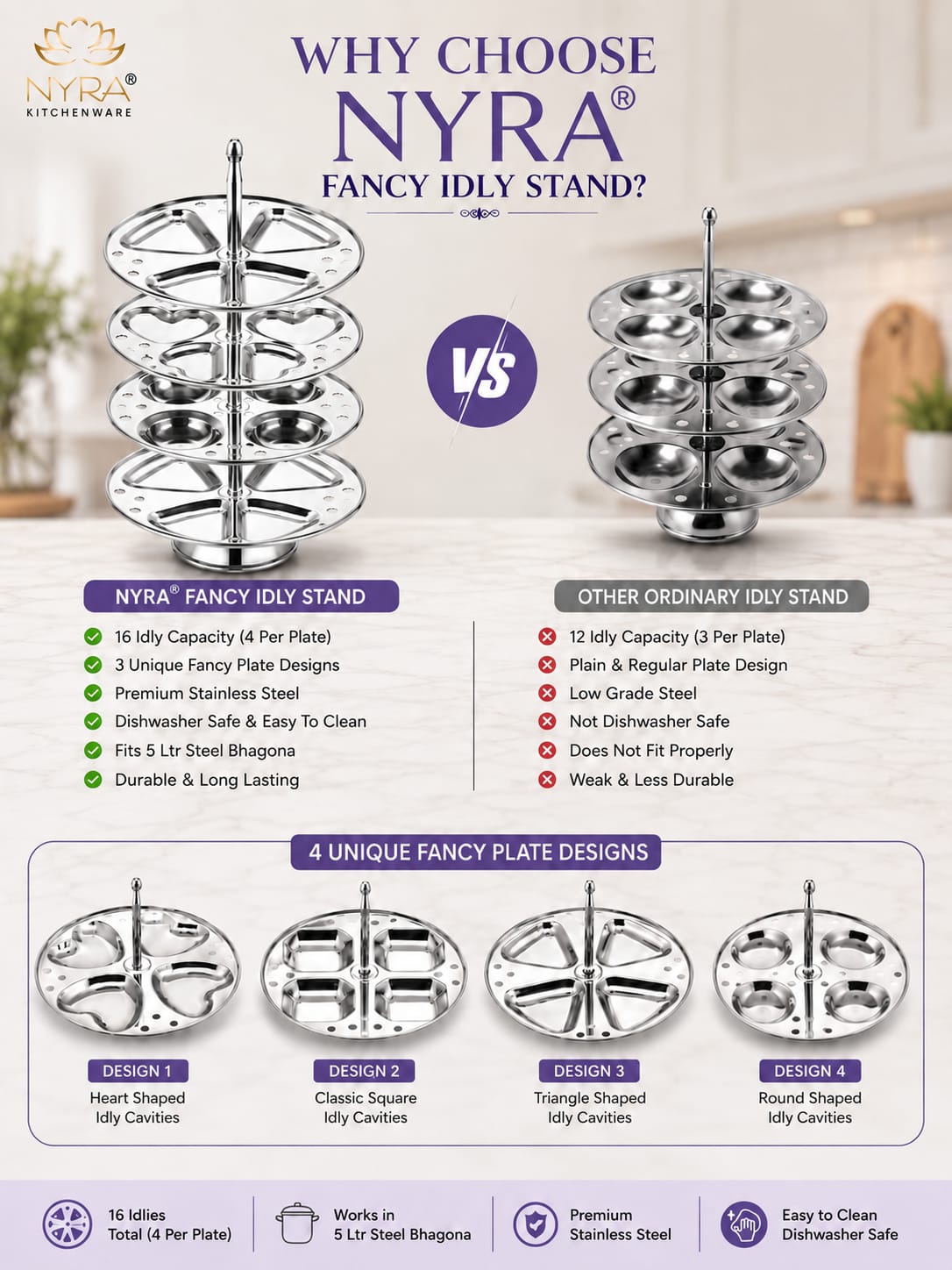 Stainless Steel  3 & 4 Plate Fancy Idly Stand with Unique Designs | Make 12 & 16 Idlies (4 Idli Per Plate )