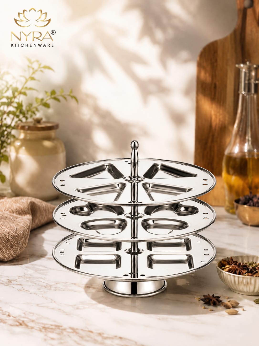 Stainless Steel  3 & 4 Plate Fancy Idly Stand with Unique Designs | Make 12 & 16 Idlies (4 Idli Per Plate )