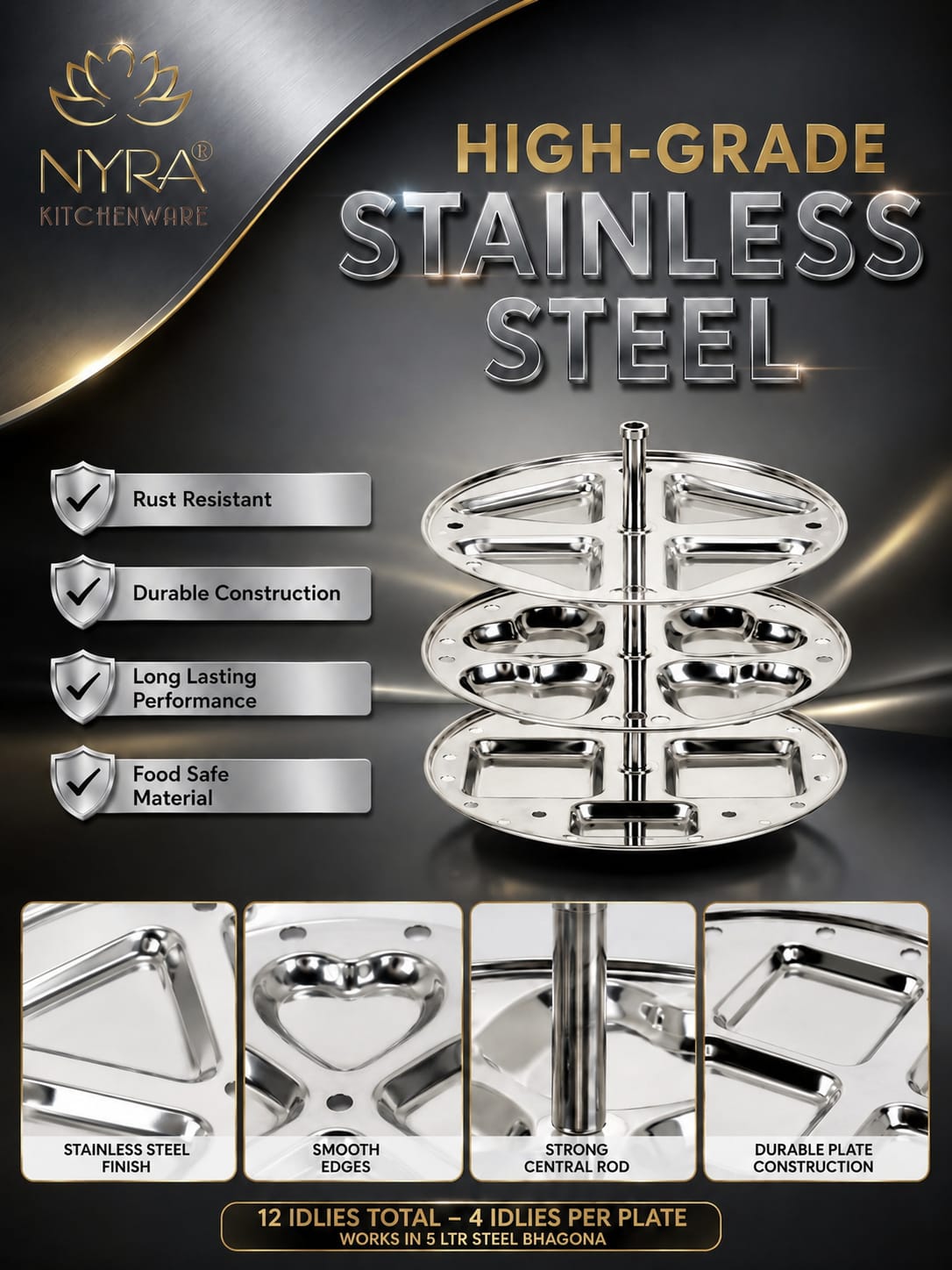 Stainless Steel  3 & 4 Plate Fancy Idly Stand with Unique Designs | Make 12 & 16 Idlies (4 Idli Per Plate )