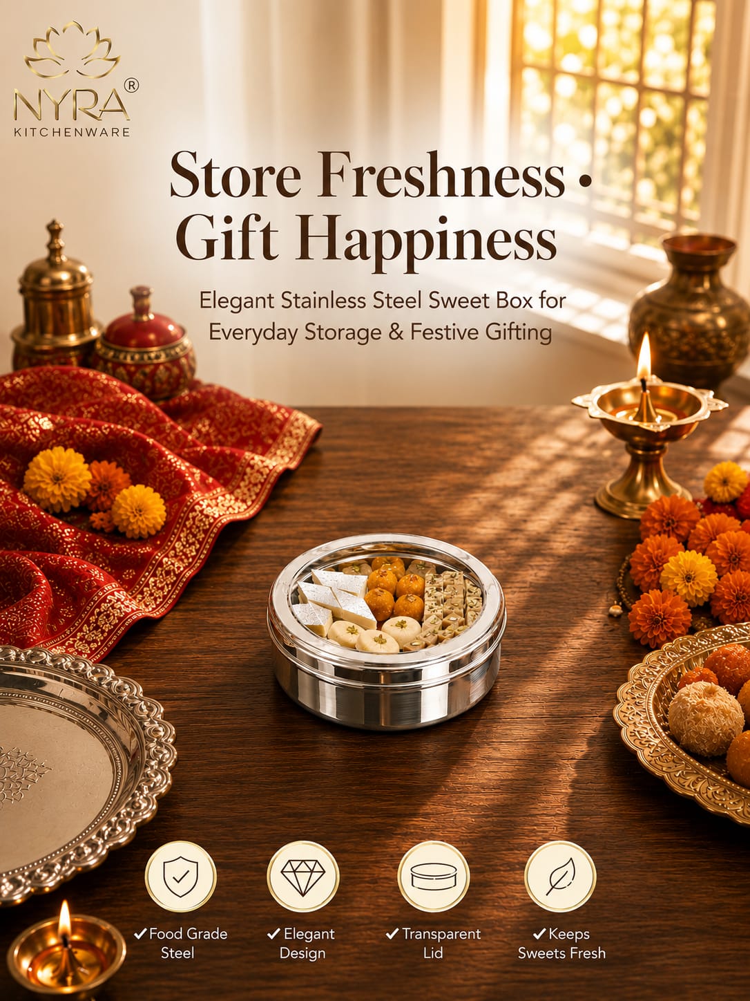 NYRA® Stainless Steel Sweet Box - for Gifting and Storing Sweets