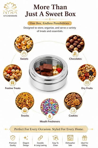 NYRA® Stainless Steel Sweet Box - for Gifting and Storing Sweets