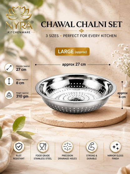 Stainless Steel Strainer & Colanders | Premium Colander/Chawal/Poha Chalni - 3 sizes