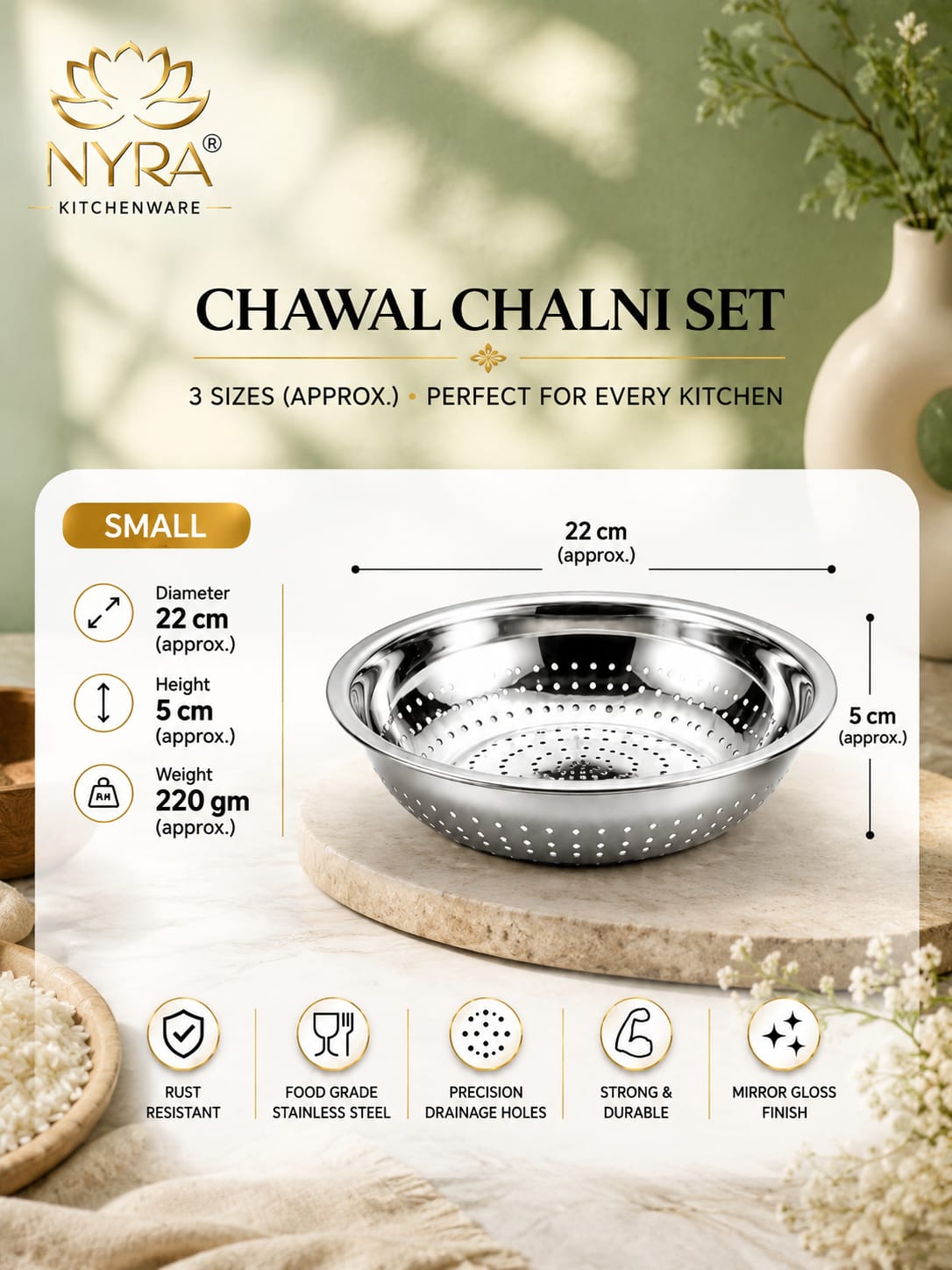 Stainless Steel Strainer & Colanders | Premium Colander/Chawal/Poha Chalni - 3 sizes