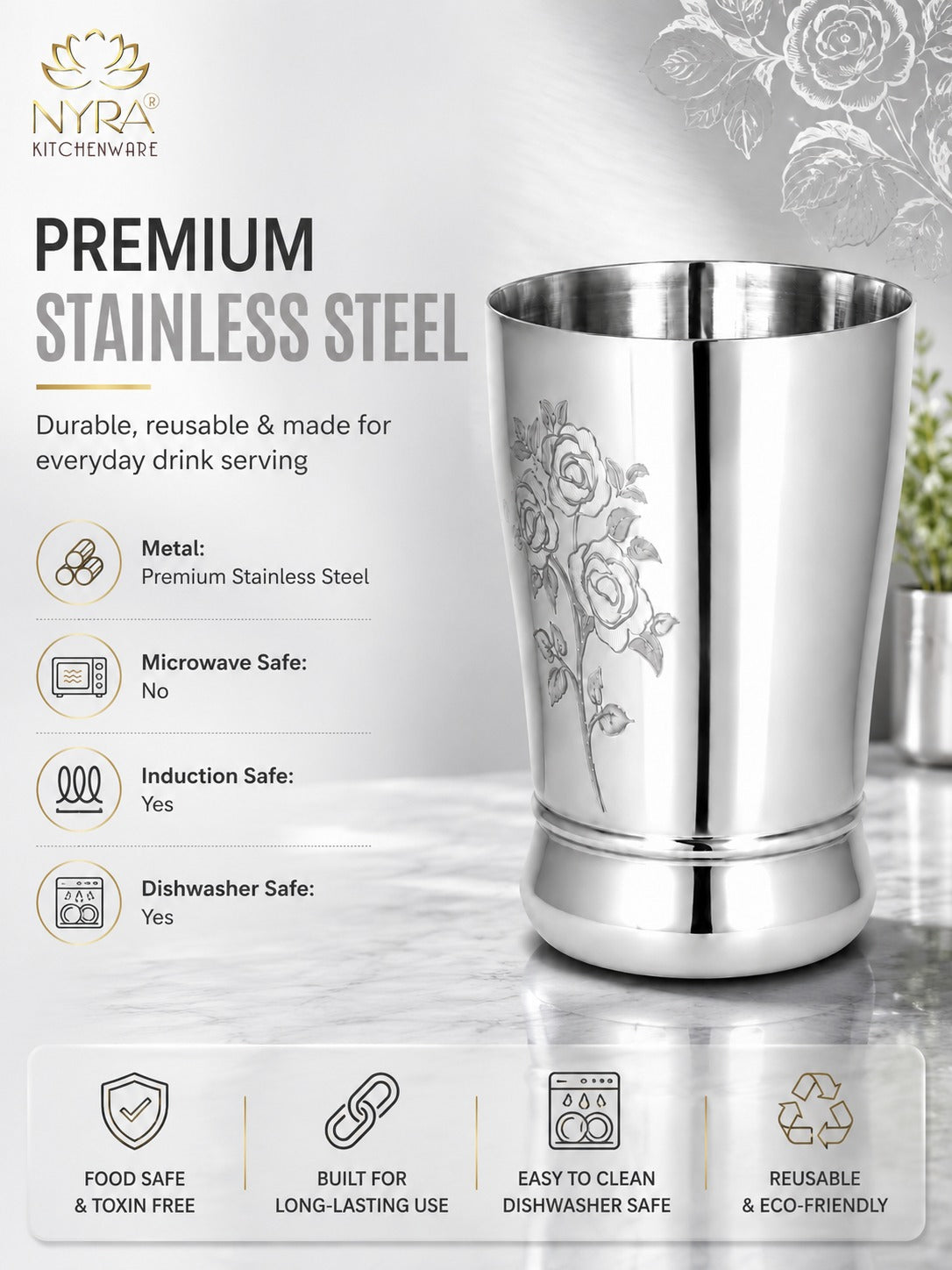 Stainless Steel Glass /Tumbler for Water 400 ML each