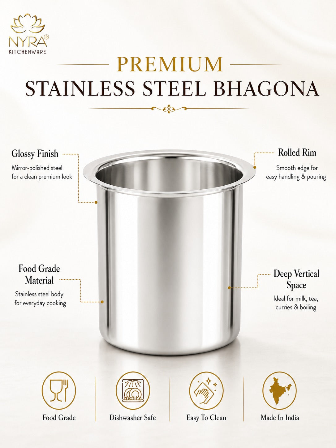 Stainless Steel Deep Water Gunj/Milk Pot/Tope/Bhagona - 10 sizes