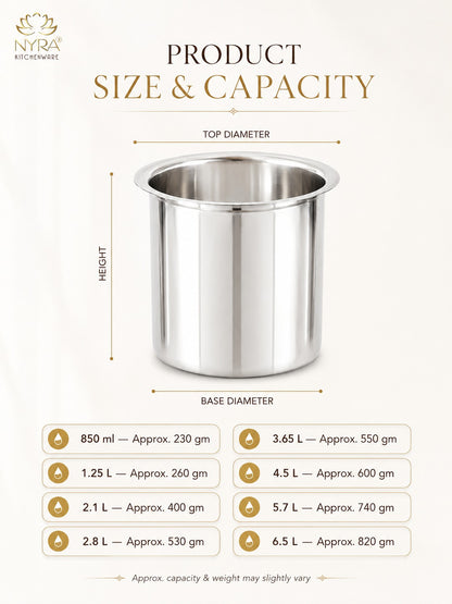 Stainless Steel Deep Water Gunj/Milk Pot/Tope/Bhagona - 10 sizes
