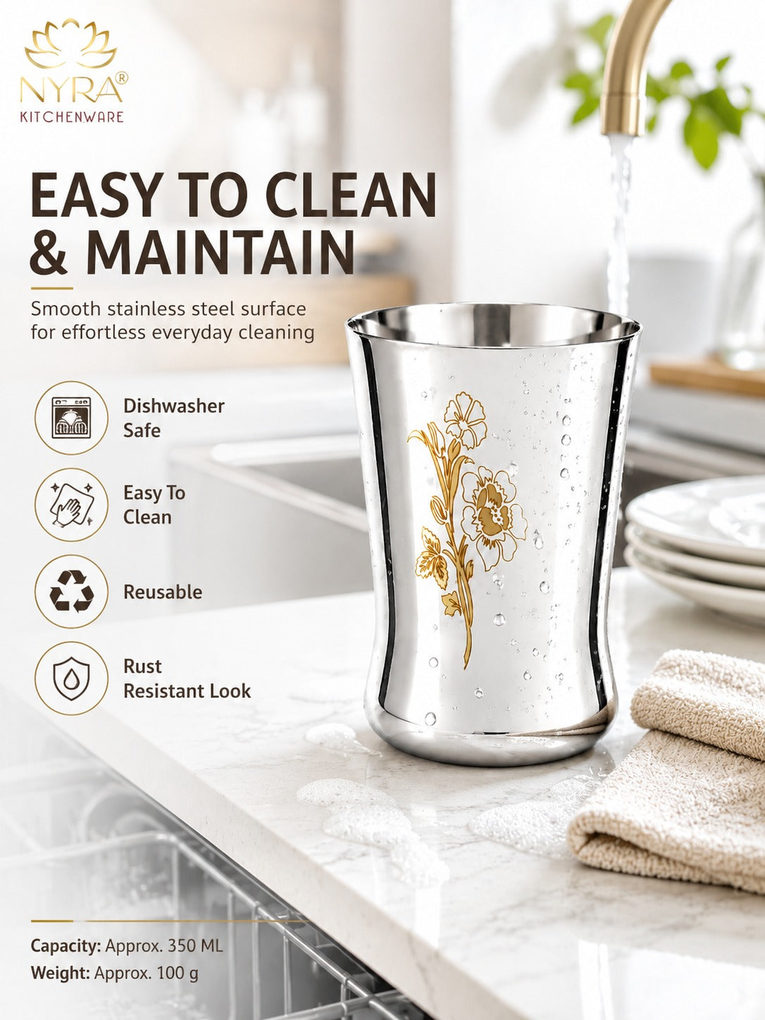 Stainless Steel Floral Laser-Printed Glass/Tumbler – Premium Drinkware Set