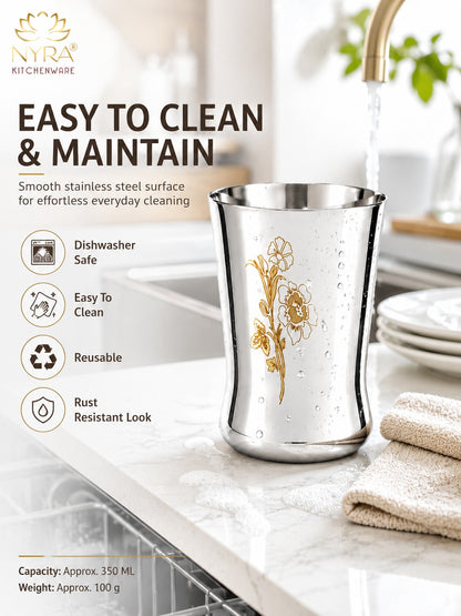 Stainless Steel Floral Laser-Printed Glass/Tumbler – Premium Drinkware Set