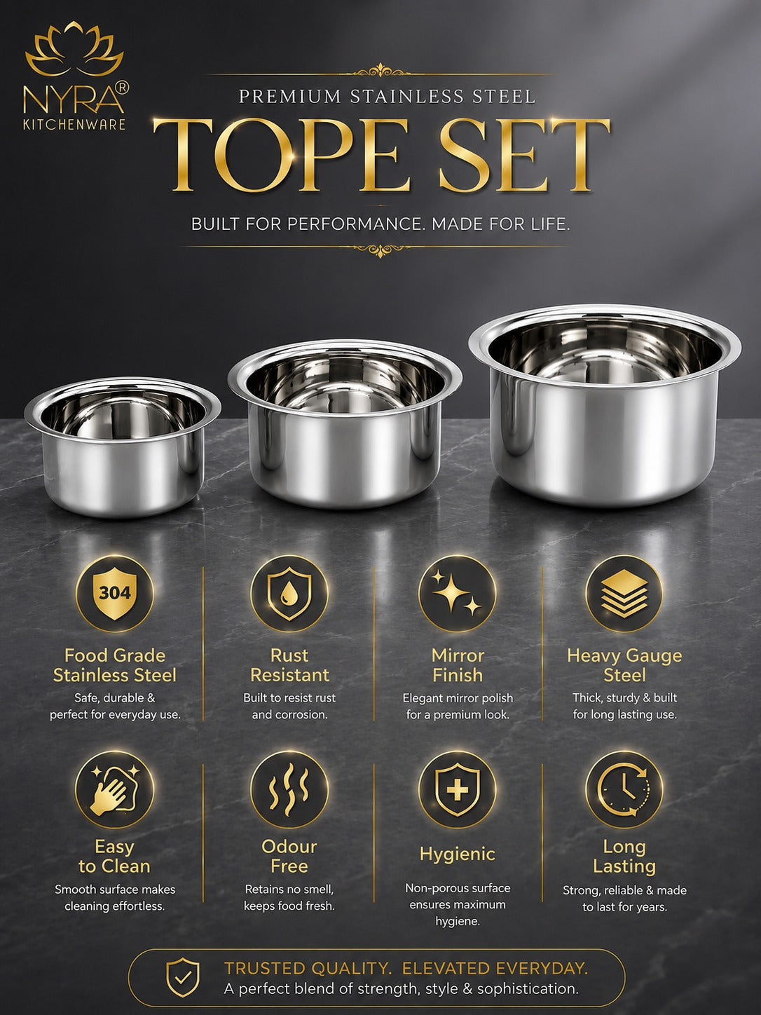 Premium Stainless Steel Tope Set (3-Piece) for All Cooktops - Heavy Duty & Flat Bottom