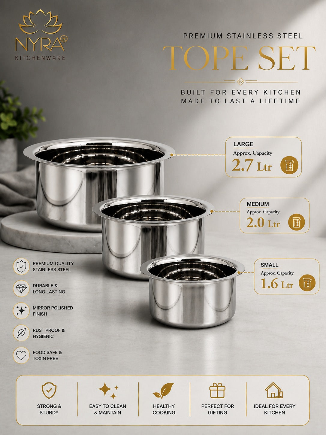 Premium Stainless Steel Tope Set (3-Piece) for All Cooktops - Heavy Duty & Flat Bottom