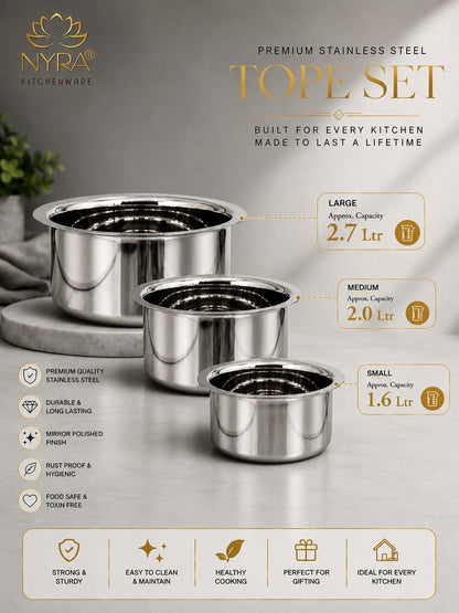 Premium Stainless Steel Tope Set (3-Piece) for All Cooktops - Heavy Duty & Flat Bottom