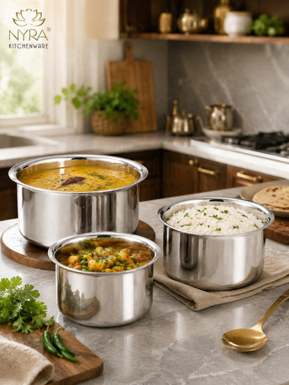 Premium Stainless Steel Tope Set (3-Piece) for All Cooktops - Heavy Duty & Flat Bottom