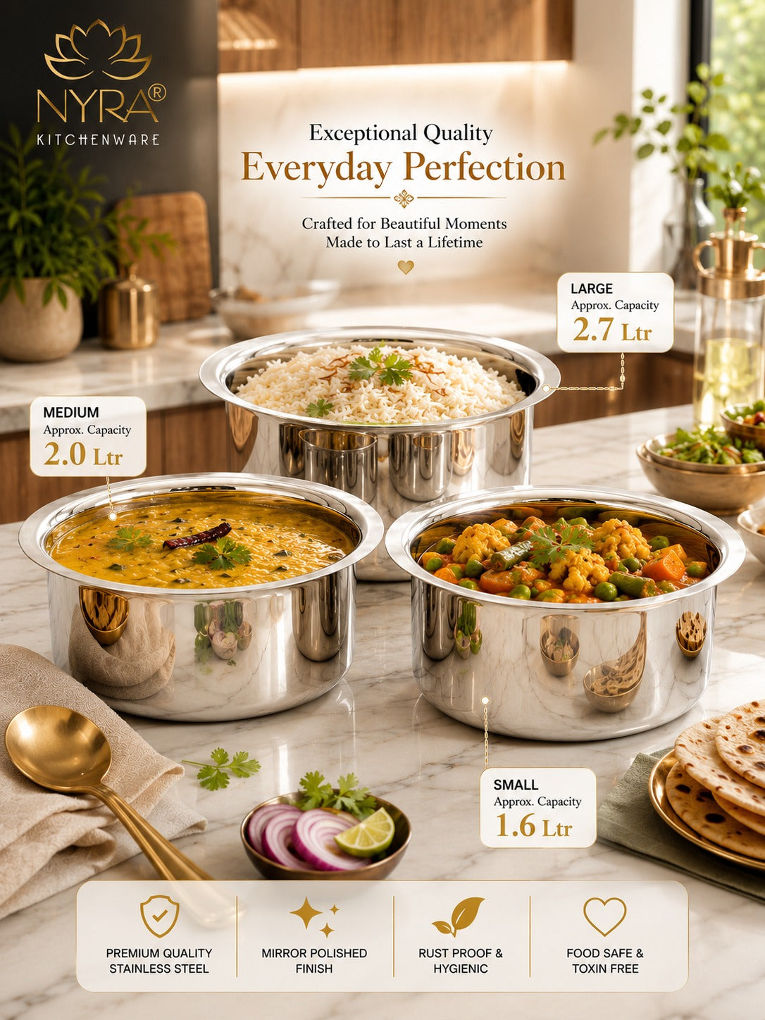 Premium Stainless Steel Tope Set (3-Piece) for All Cooktops - Heavy Duty & Flat Bottom