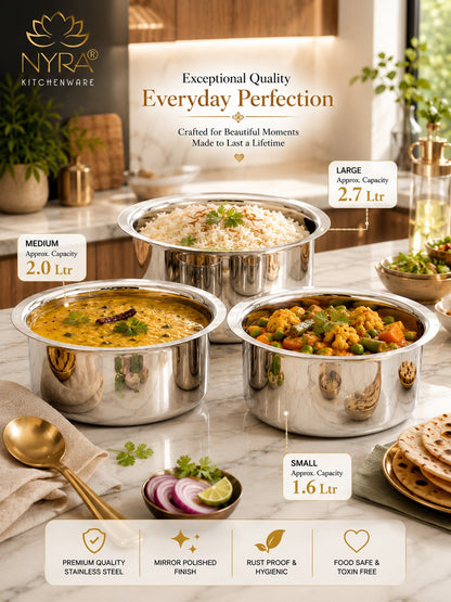 Premium Stainless Steel Tope Set (3-Piece) for All Cooktops - Heavy Duty & Flat Bottom