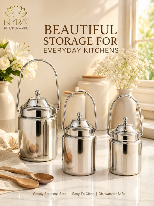 Stainless Steel Barni Milk Pot/Dolchi with Lid - Durable Storage Container