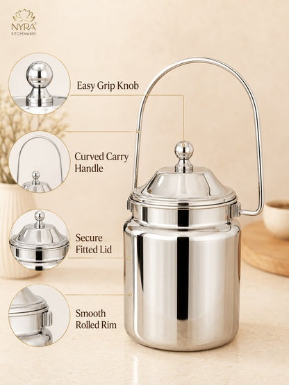 Stainless Steel Barni Milk Pot/Dolchi with Lid - Durable Storage Container