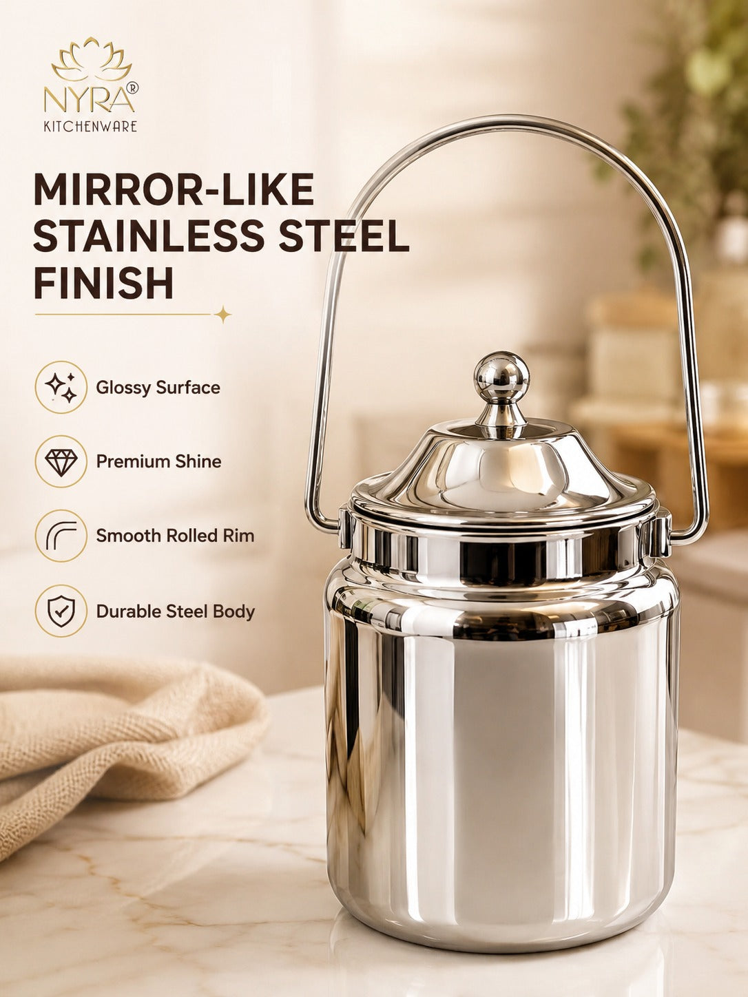 Stainless Steel Barni Milk Pot/Dolchi with Lid - Durable Storage Container