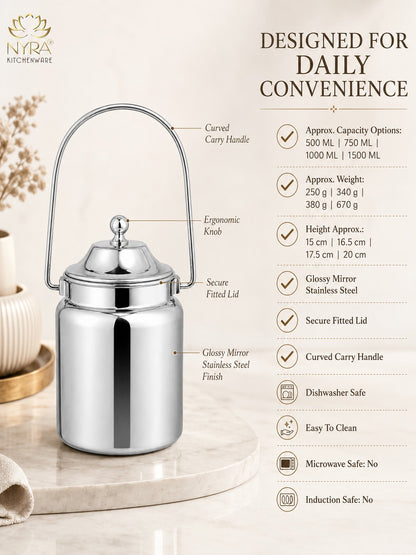 Stainless Steel Barni Milk Pot/Dolchi with Lid - Durable Storage Container
