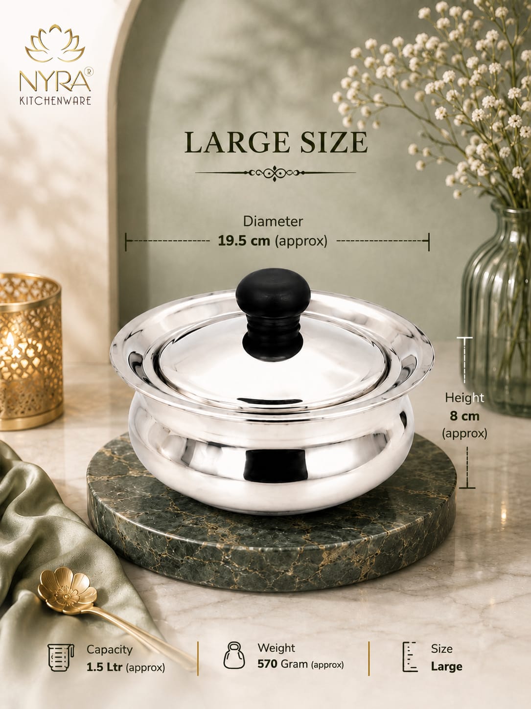 Stainless Steel Biryani Handis with Lid & PVC Knob - Set of 3pcs.