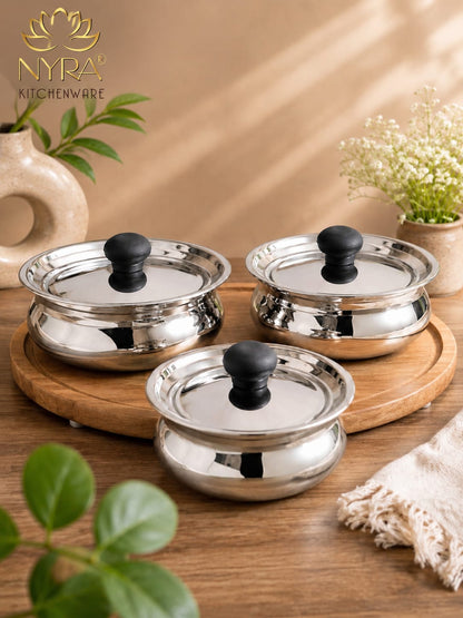 Stainless Steel Biryani Handis with Lid & PVC Knob - Set of 3pcs.