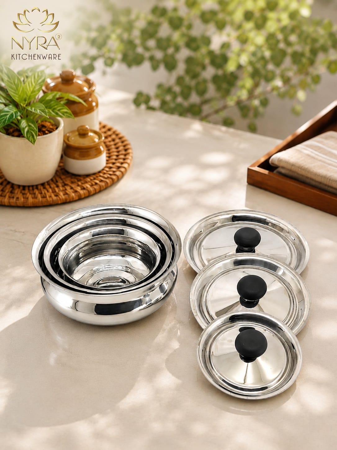 Stainless Steel Biryani Handis with Lid & PVC Knob - Set of 3pcs.