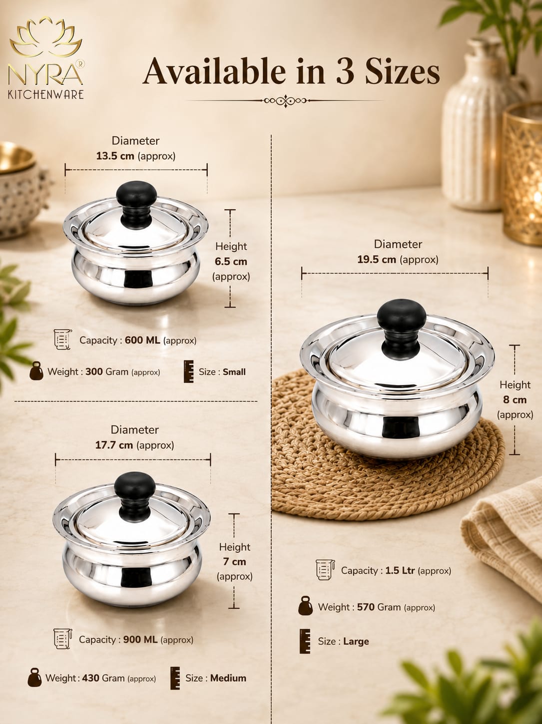 Stainless Steel Biryani Handis with Lid & PVC Knob - Set of 3pcs.