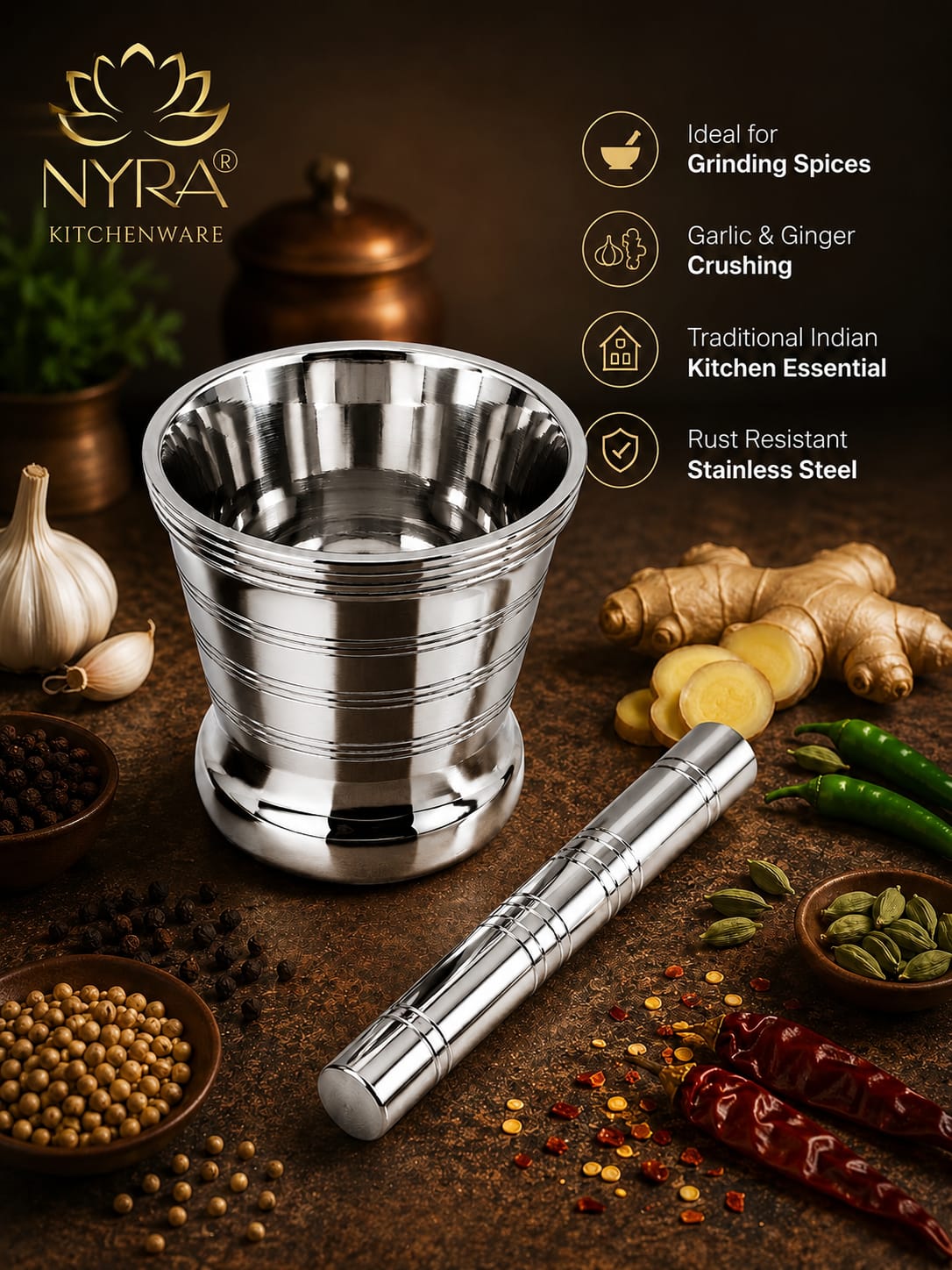 Premium Stainless Steel Mortar & Pestle Set/Khalbatta/Imam Dasta - 3 sizes