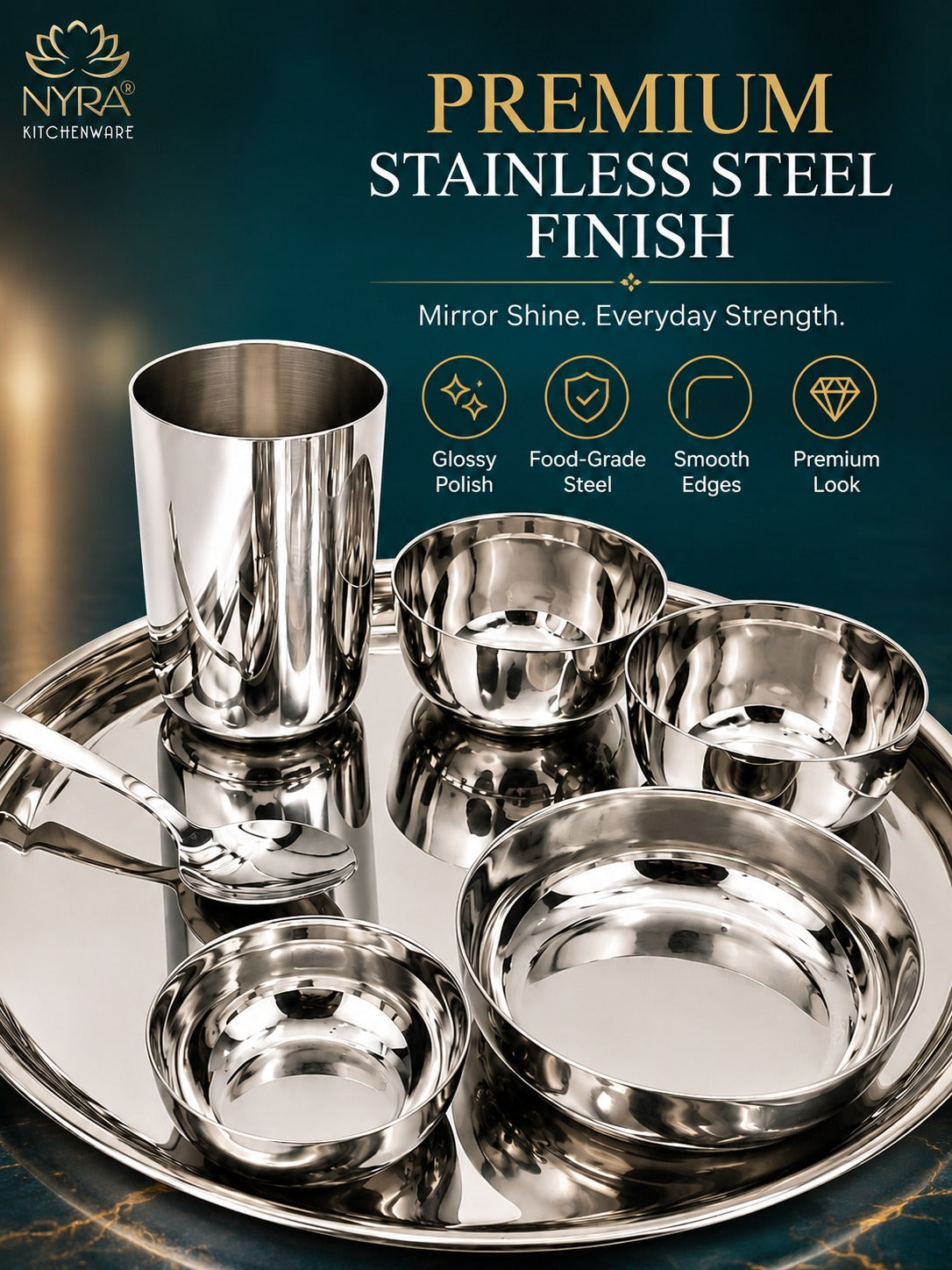 Stainless Steel Premium Thali/Dinner Set of 7-Pieces | Elegant Dinnerware