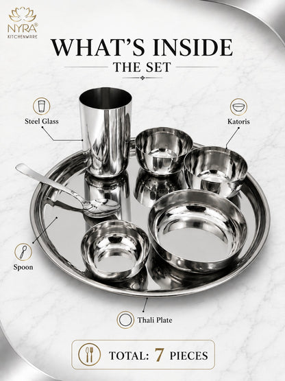 Stainless Steel Premium Thali/Dinner Set of 7-Pieces | Elegant Dinnerware