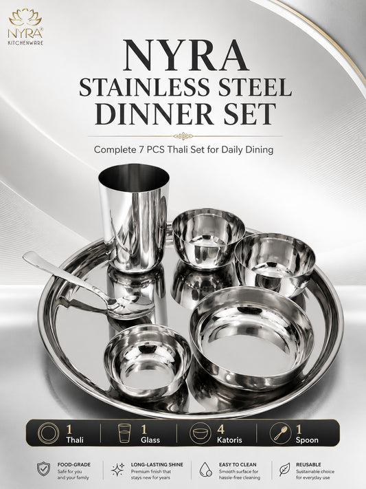 Stainless Steel Premium Thali/Dinner Set of 7-Pieces | Elegant Dinnerware