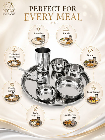 Stainless Steel Premium Thali/Dinner Set of 7-Pieces | Elegant Dinnerware