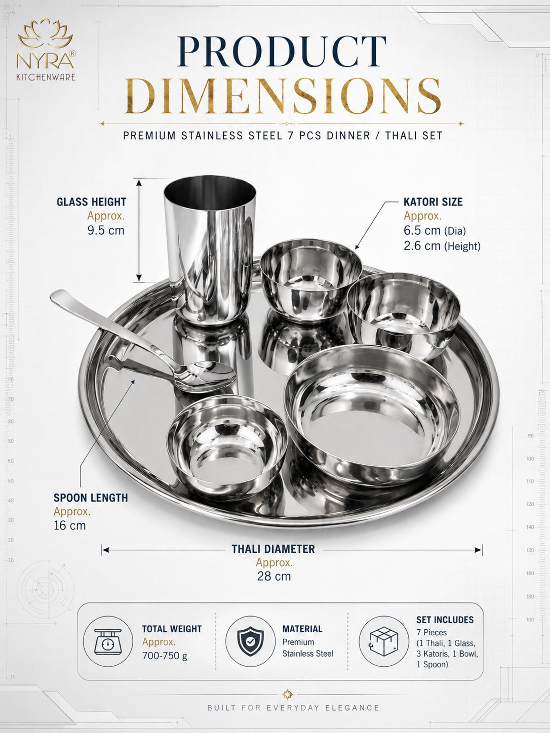 Stainless Steel Premium Thali/Dinner Set of 7-Pieces | Elegant Dinnerware