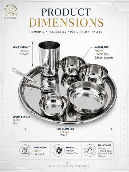 Stainless Steel Premium Thali/Dinner Set of 7-Pieces | Elegant Dinnerware