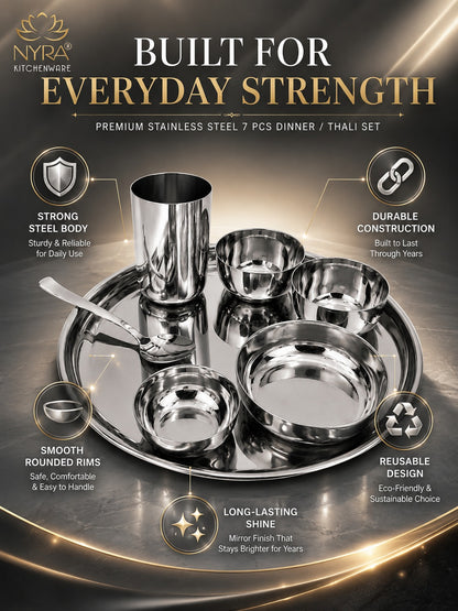 Stainless Steel Premium Thali/Dinner Set of 7-Pieces | Elegant Dinnerware