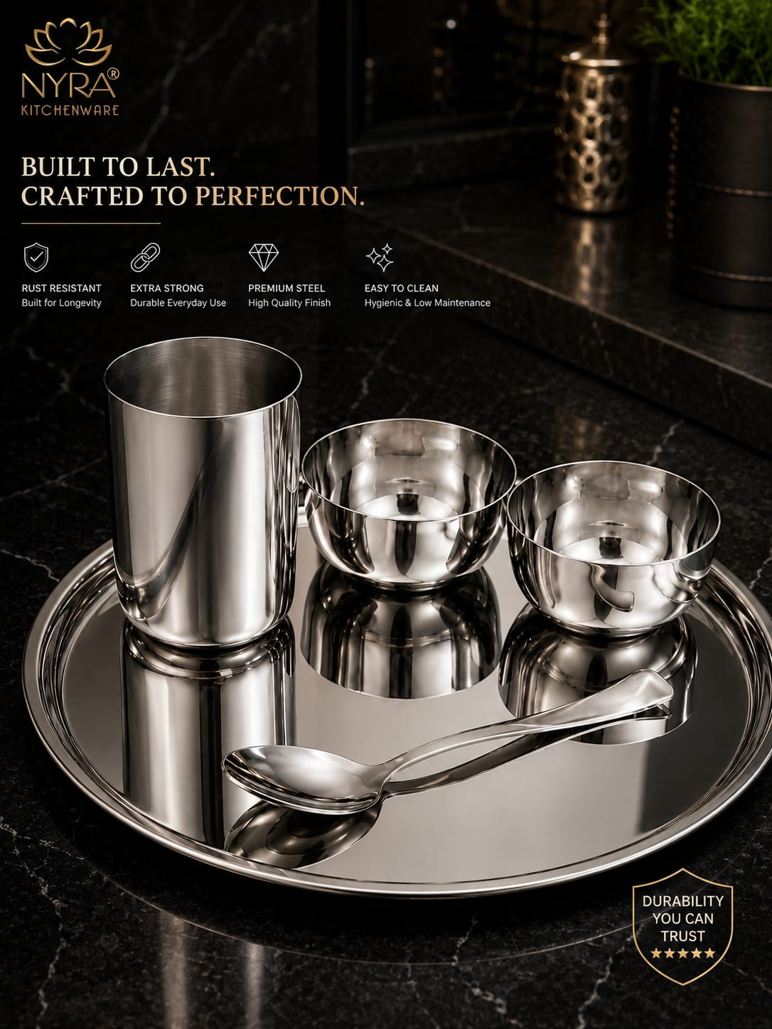 Stainless Steel Premium Thali/Dinner Set of 5pcs. |  Everyday use - Dinnerware set