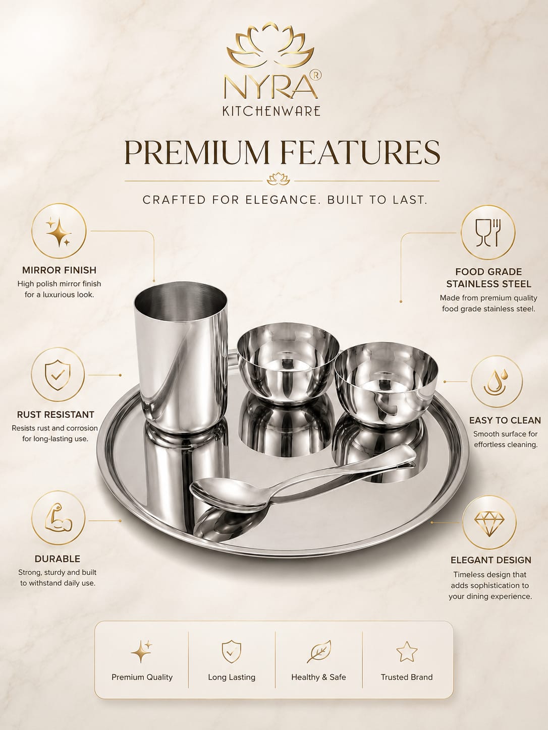 Stainless Steel Premium Thali/Dinner Set of 5pcs. |  Everyday use - Dinnerware set