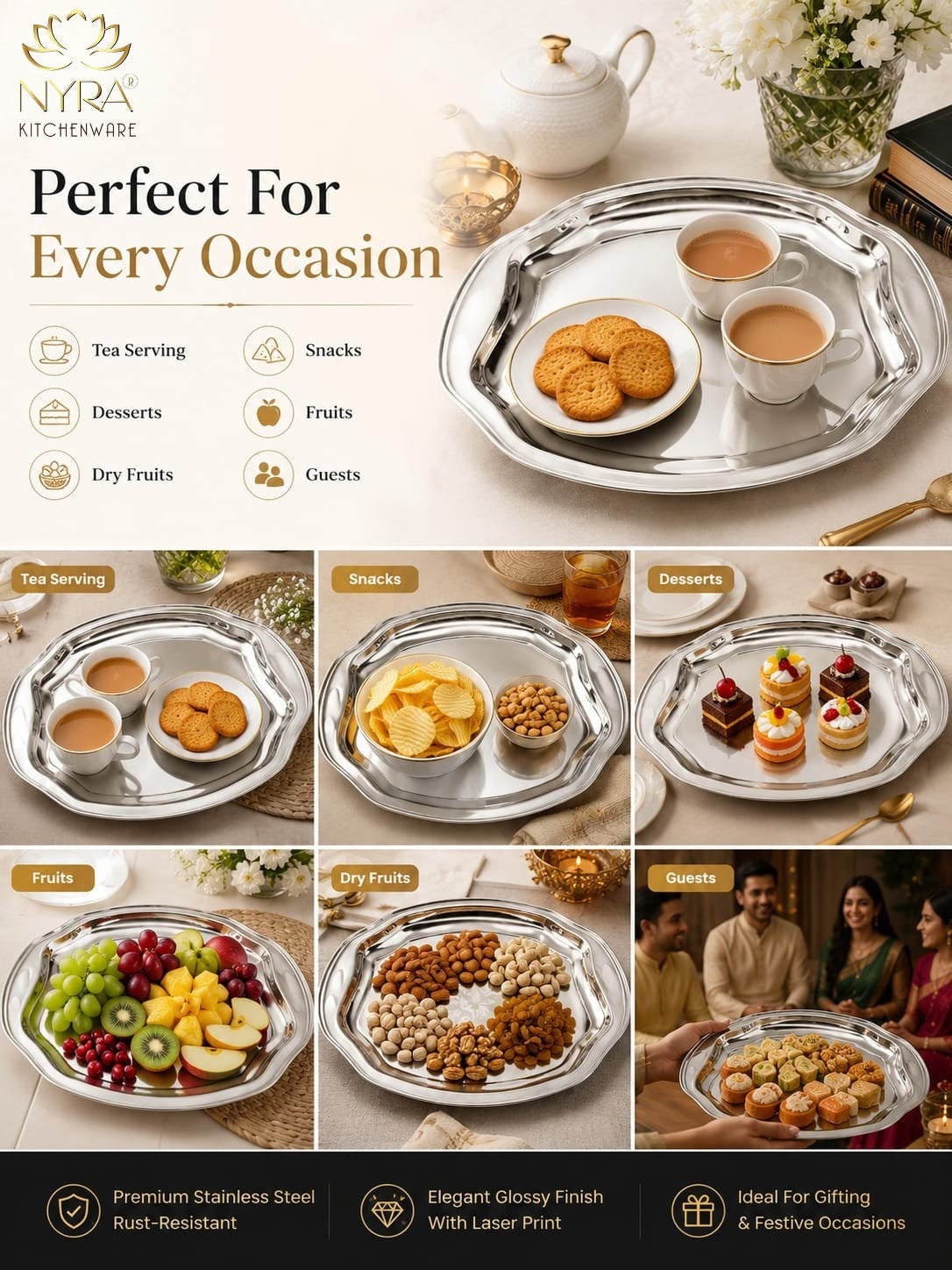 Designer Stainless Steel Serving Tray - Glossy Finish & Laser Print