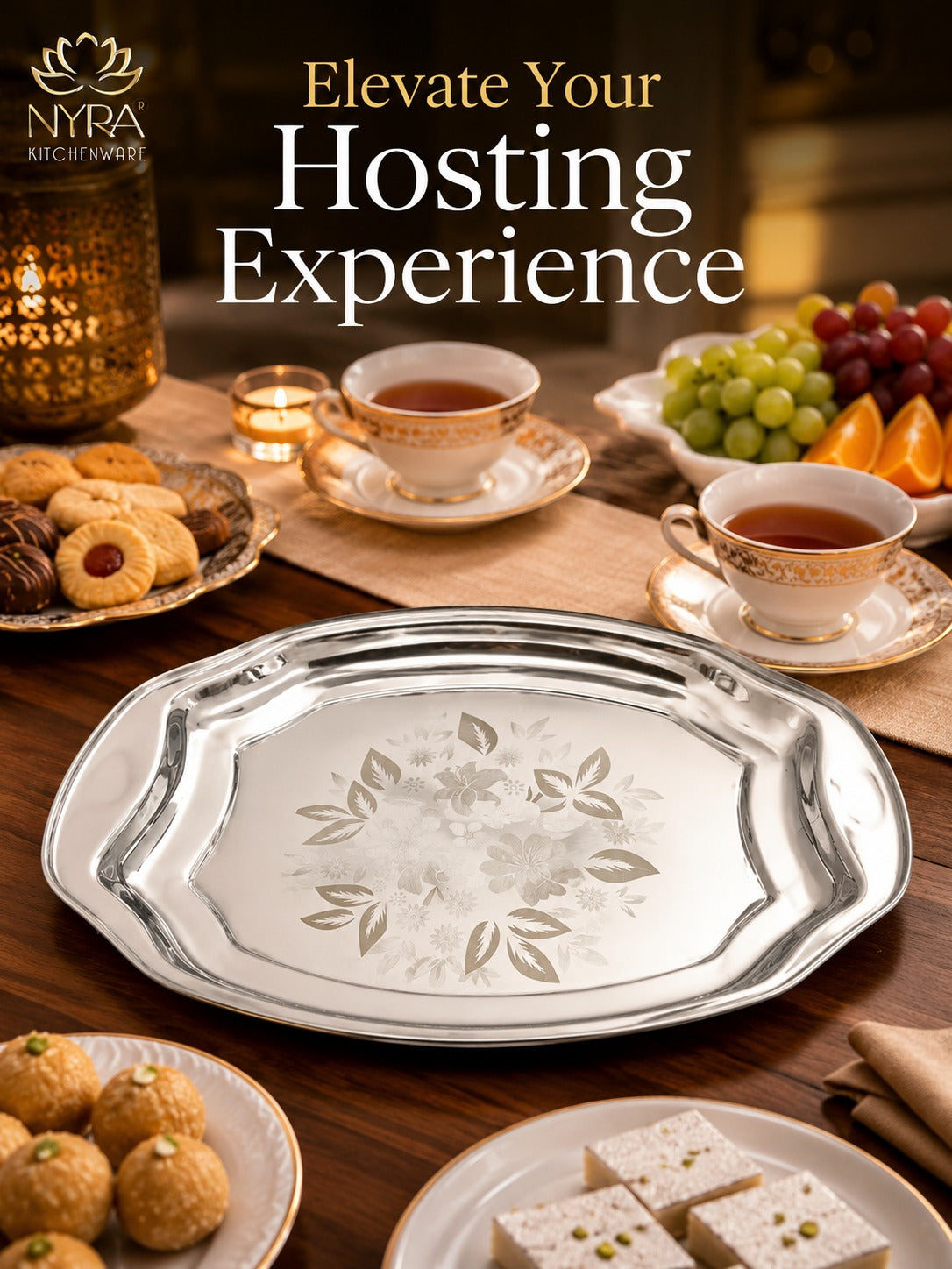 Designer Stainless Steel Serving Tray - Glossy Finish & Laser Print