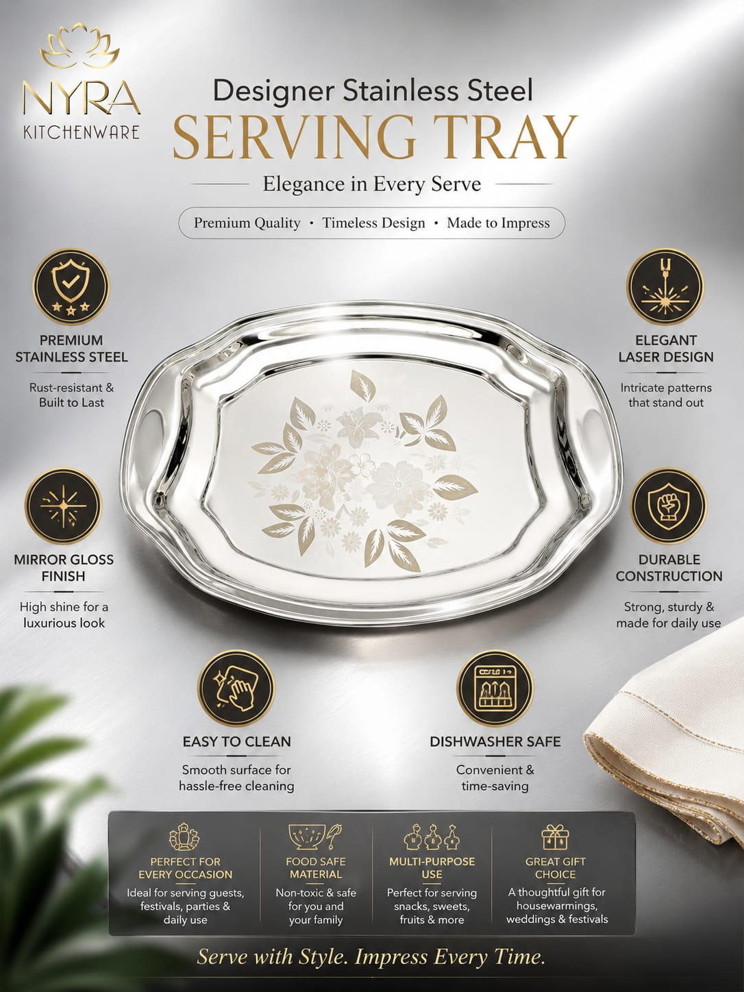 Designer Stainless Steel Serving Tray - Glossy Finish & Laser Print