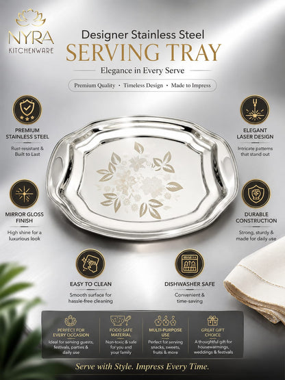 Designer Stainless Steel Serving Tray - Glossy Finish & Laser Print