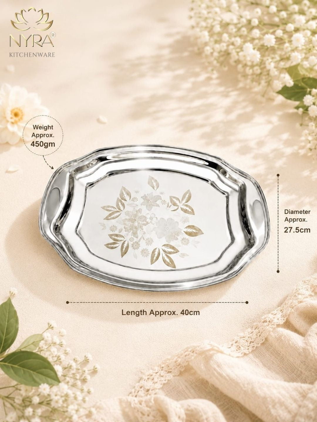 Designer Stainless Steel Serving Tray - Glossy Finish & Laser Print
