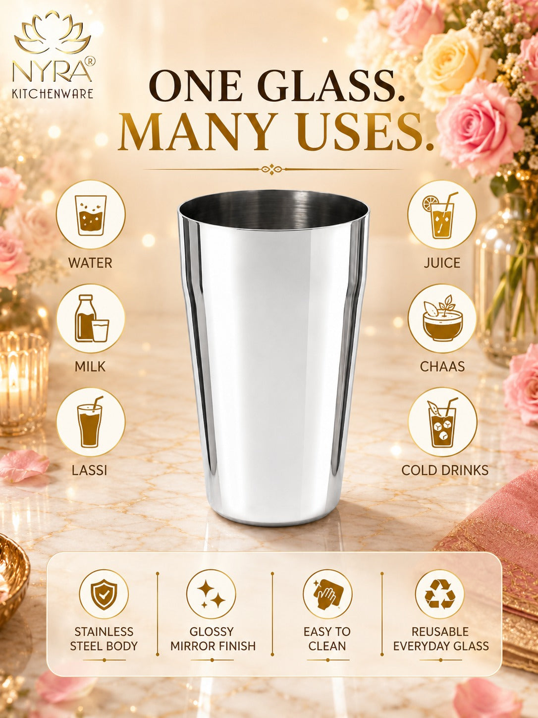 Stainless Steel Premium Lassi Glass - 650ml Multipurpose Drinkware Set