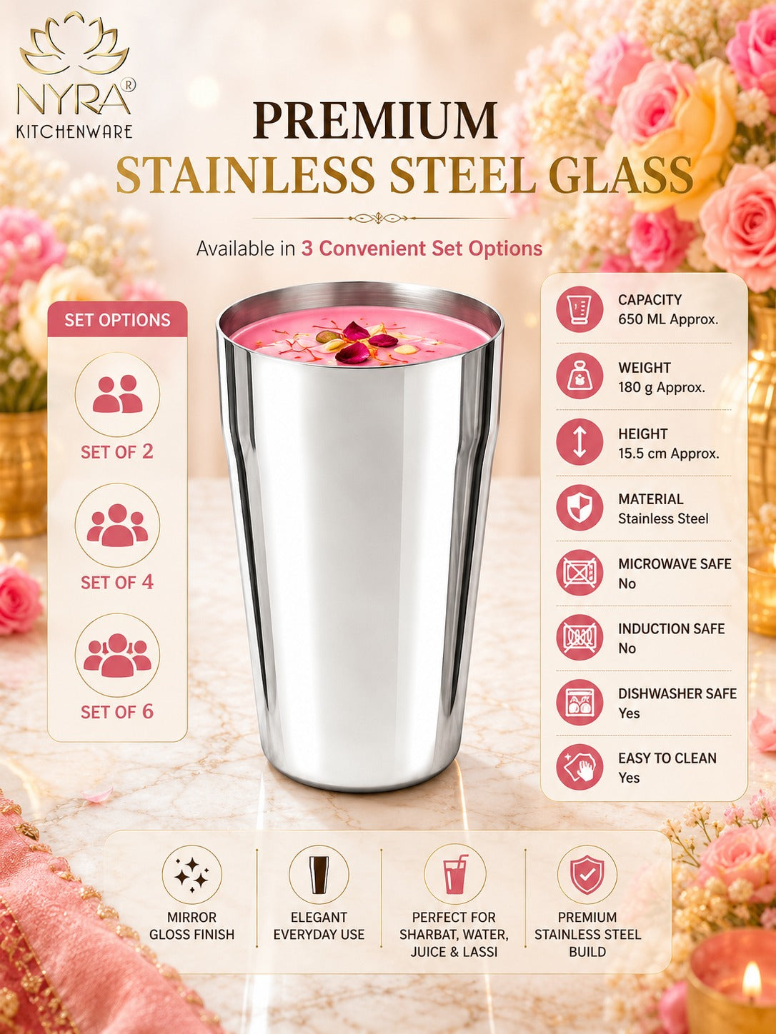 Stainless Steel Premium Lassi Glass - 650ml Multipurpose Drinkware Set