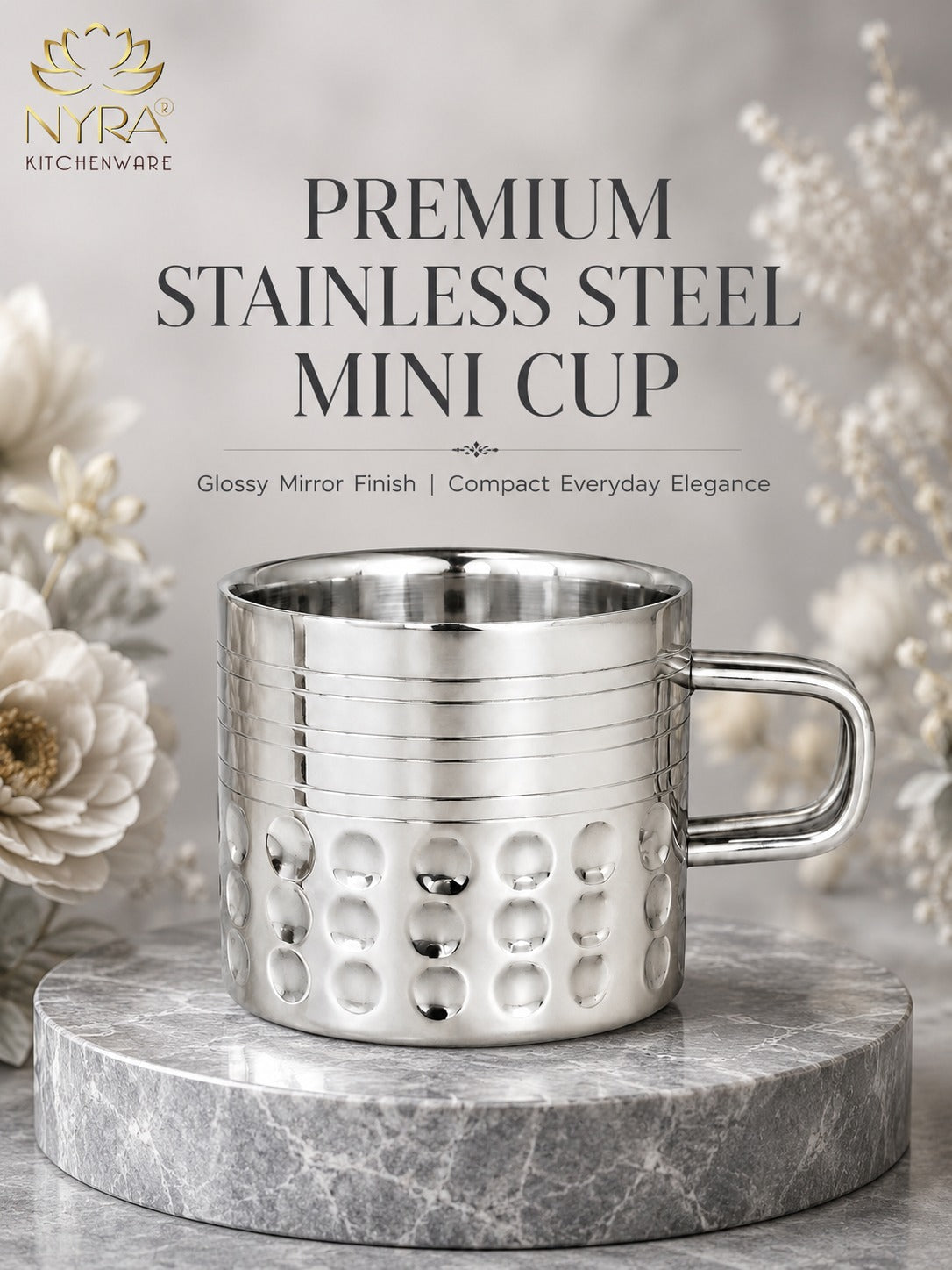 Hammered Stainless Steel Double Wall Cups 100ml - Small Insulated Mugs for Hot & Cold Drinks