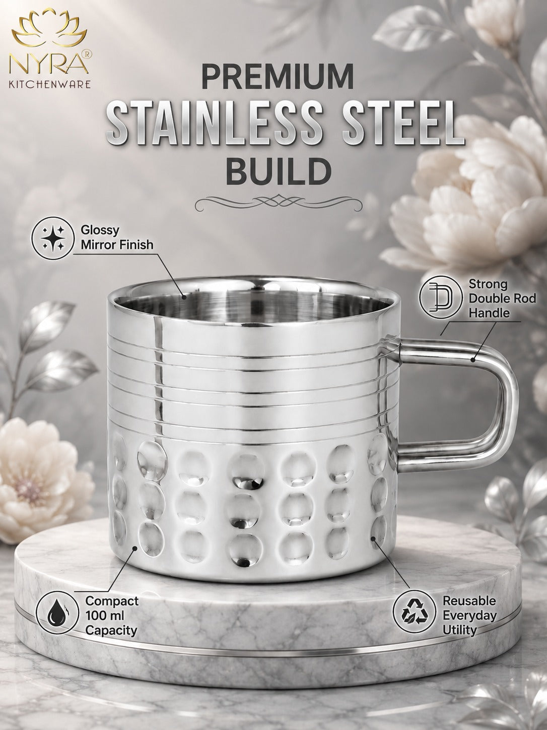 Hammered Stainless Steel Double Wall Cups 100ml - Small Insulated Mugs for Hot & Cold Drinks