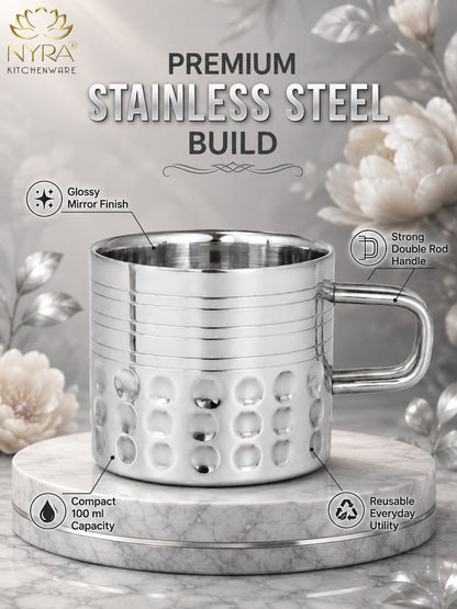 Hammered Stainless Steel Double Wall Cups 100ml - Small Insulated Mugs for Hot & Cold Drinks