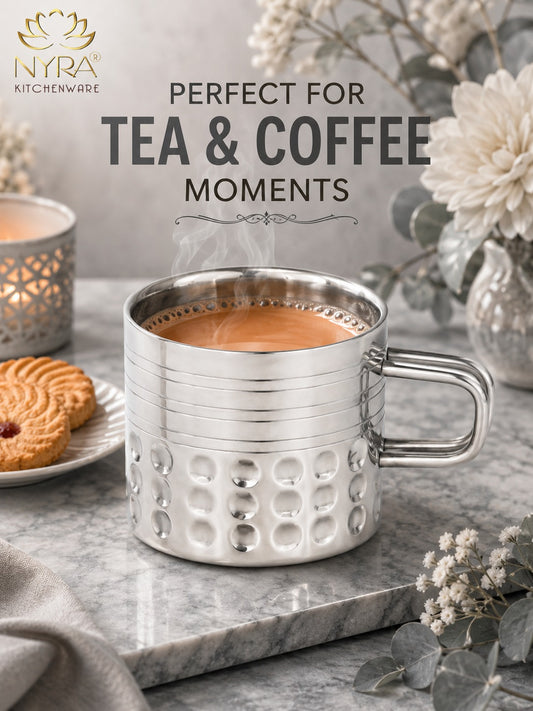 Hammered Stainless Steel Double Wall Cups 100ml - Small Insulated Mugs for Hot & Cold Drinks