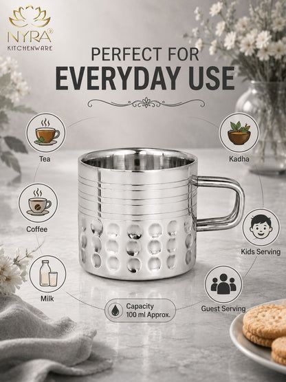 Hammered Stainless Steel Double Wall Cups 100ml - Small Insulated Mugs for Hot & Cold Drinks