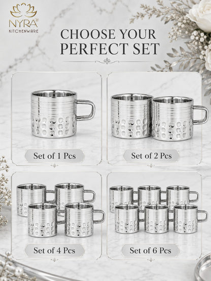 Hammered Stainless Steel Double Wall Cups 100ml - Small Insulated Mugs for Hot & Cold Drinks