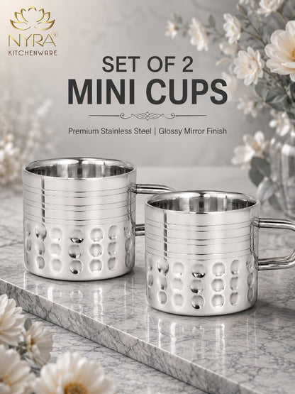 Hammered Stainless Steel Double Wall Cups 100ml - Small Insulated Mugs for Hot & Cold Drinks